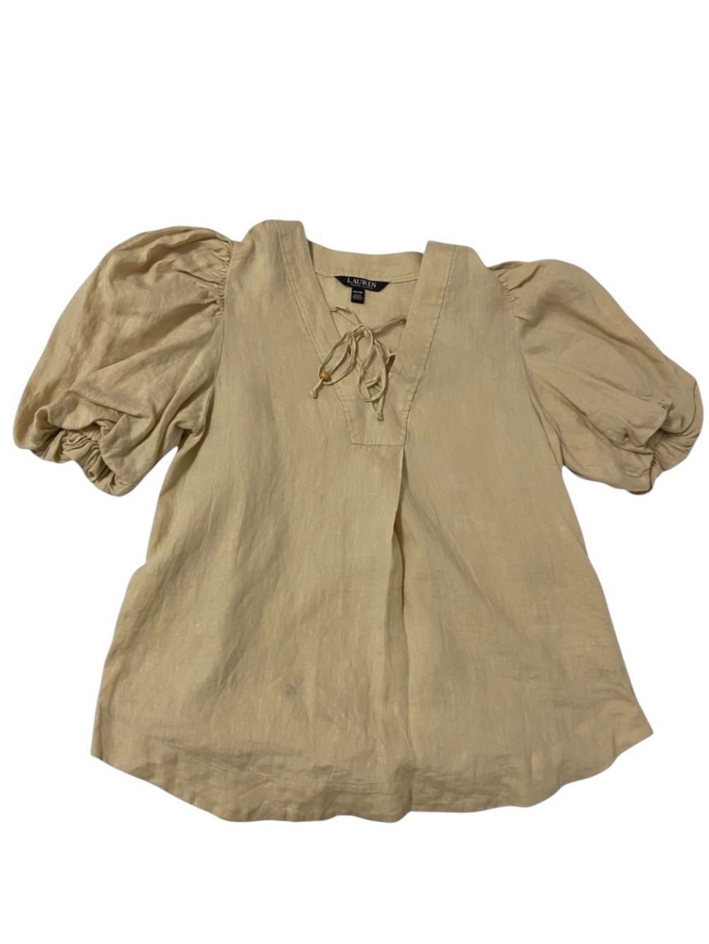 Lauren Ralph Lauren Linen Puff Sleeve Tie Neck Blouse XS Coastal Grandma